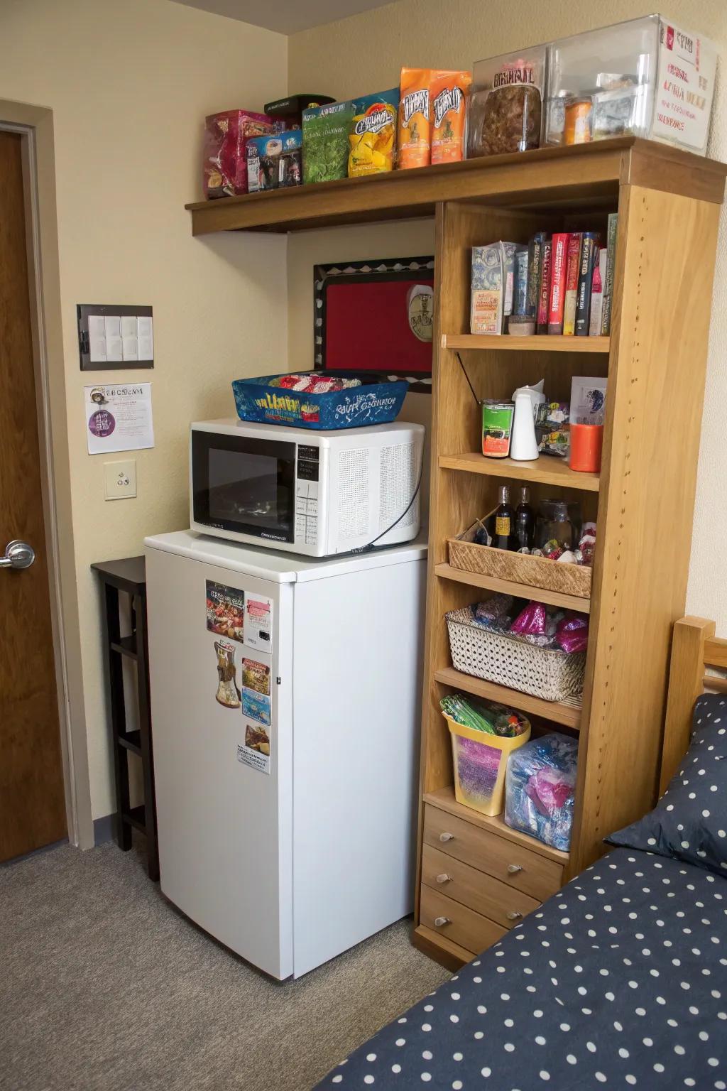 A mini kitchen area makes it easy to access your favorite snacks.