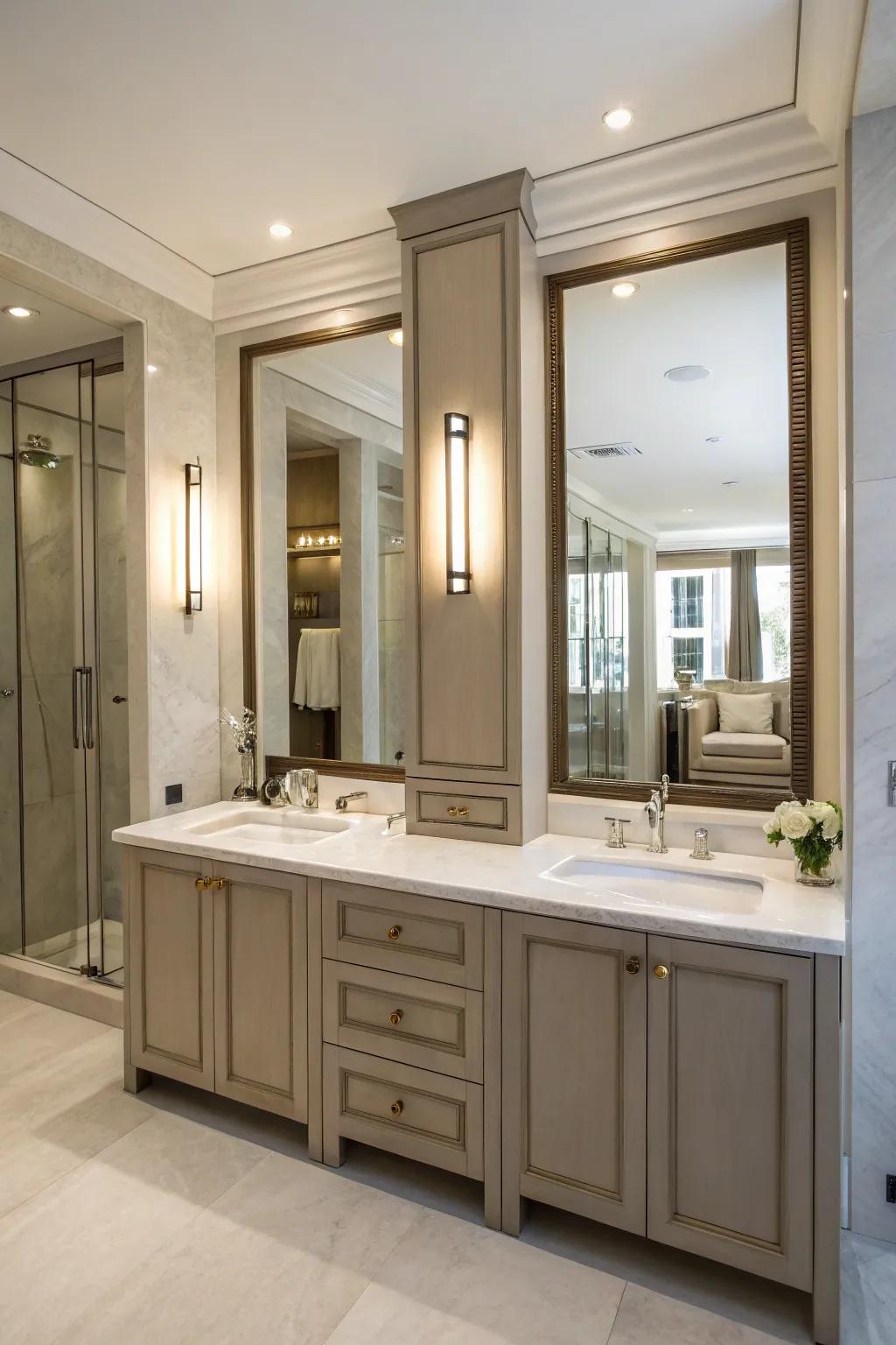 Extended vertical cabinets optimize storage in this bathroom featuring double sinks.