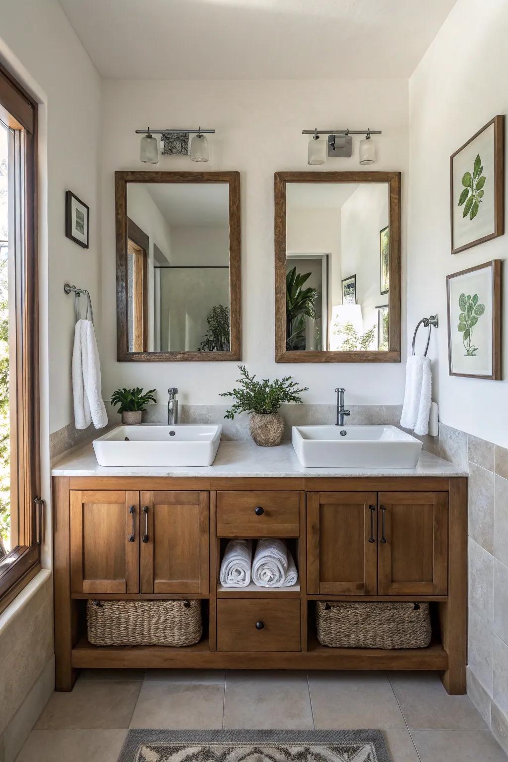 Faucets mounted on the wall enhance a stylish, simple design.