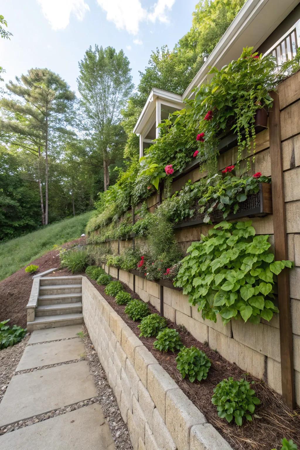 Vertical gardening infuses lush vitality to the vertical surfaces of a sloped yard.