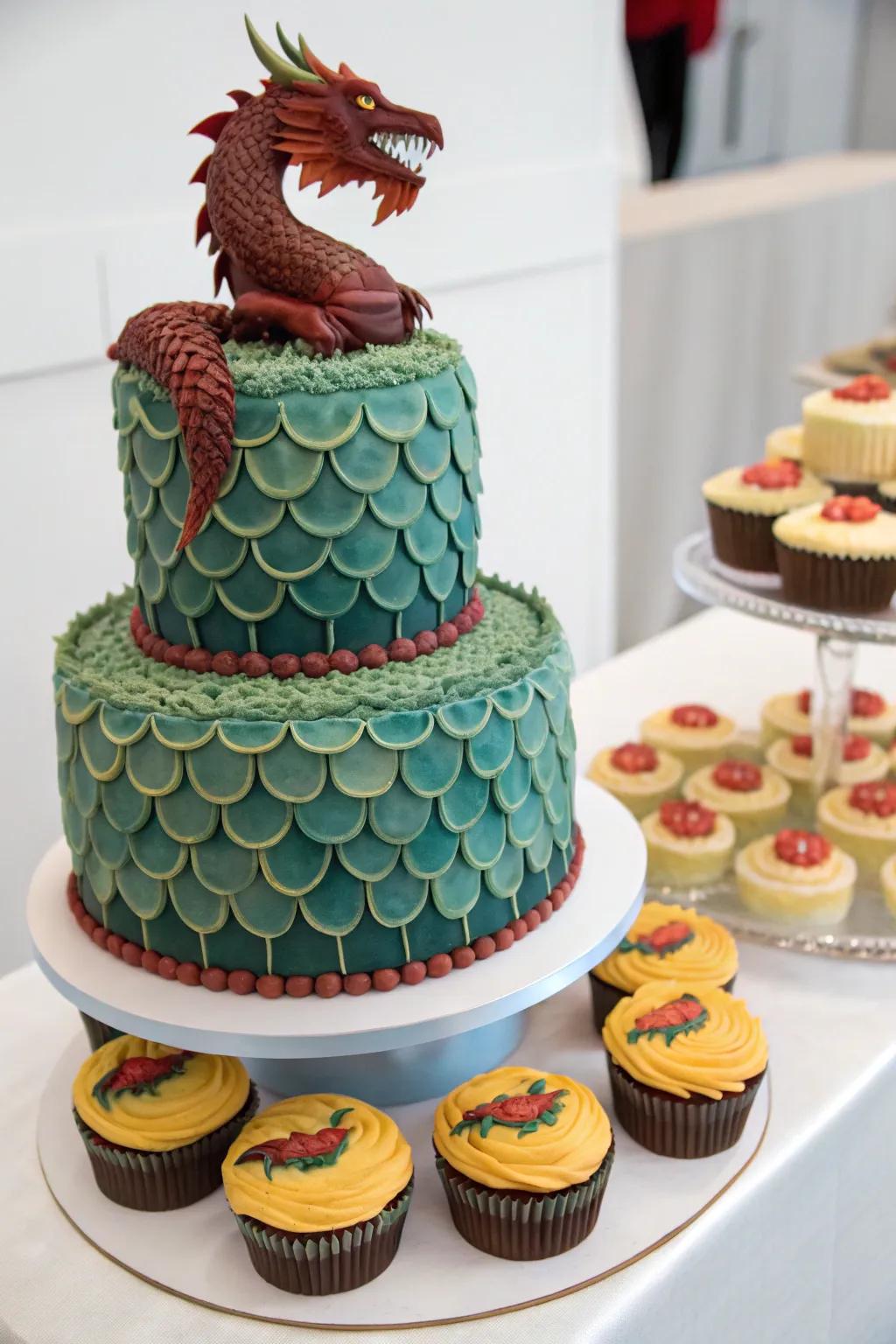 A whimsical confection display delights visitors with its dragon-centric treats.