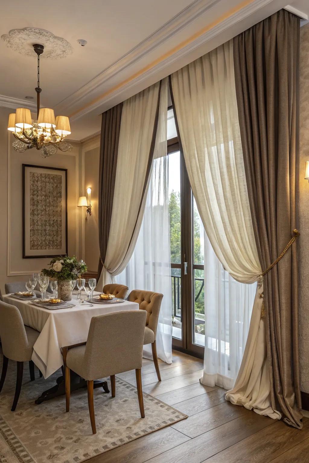 Draperies combining flax and rayon infusing texture into a dining area.