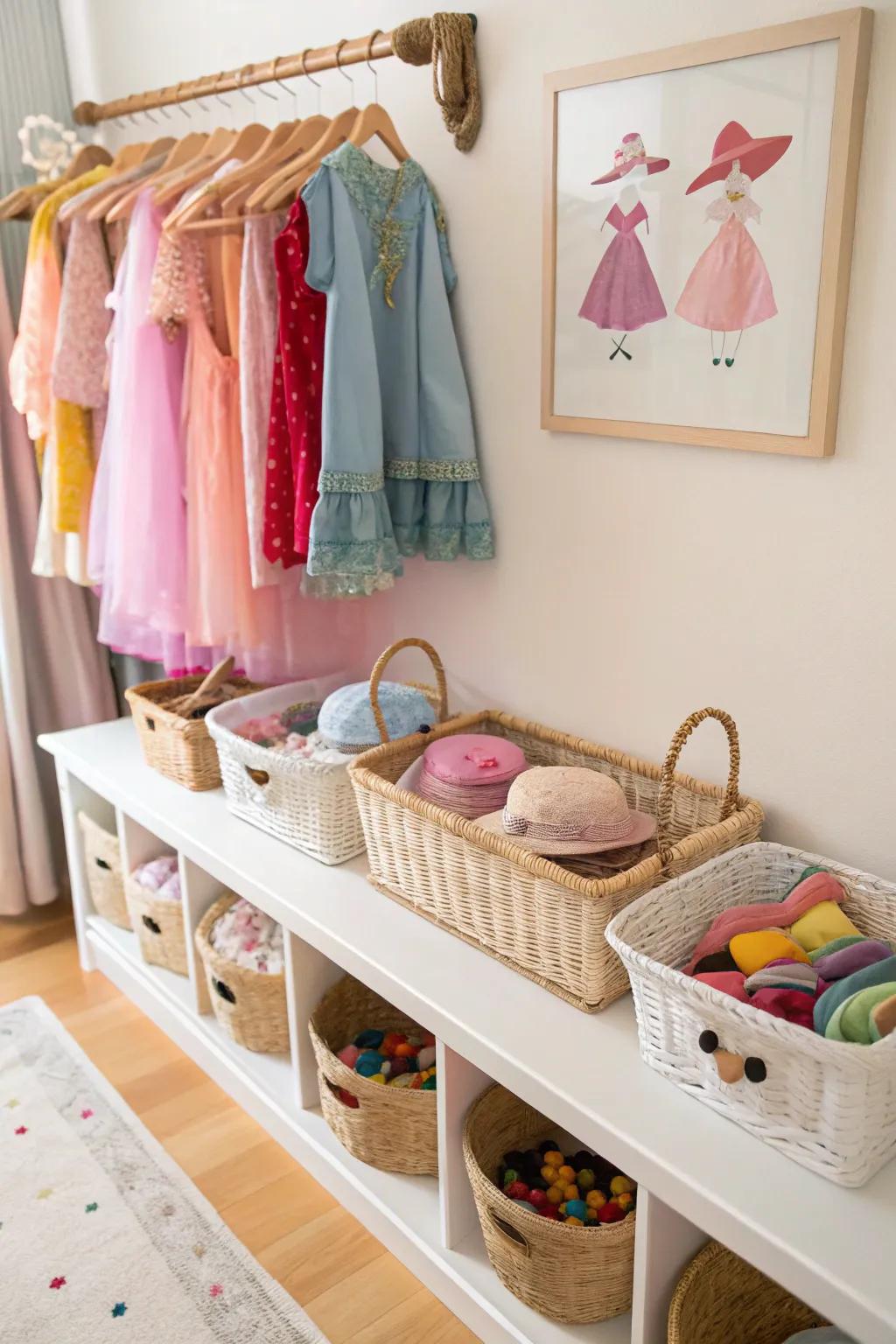 Arranged baskets simplify accessory storage.