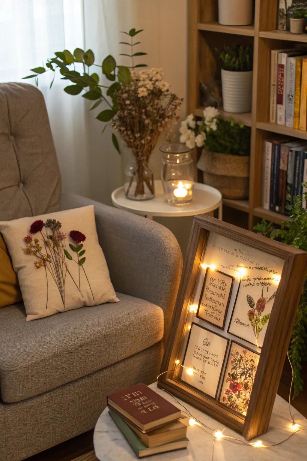 Incorporate a personal touch by adding messages to your dried flower display case.