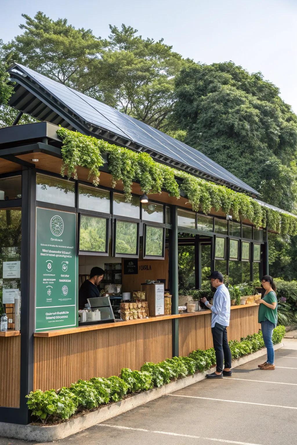 Sustainable drive-thru coffee shop featuring nature-friendly design aspects.