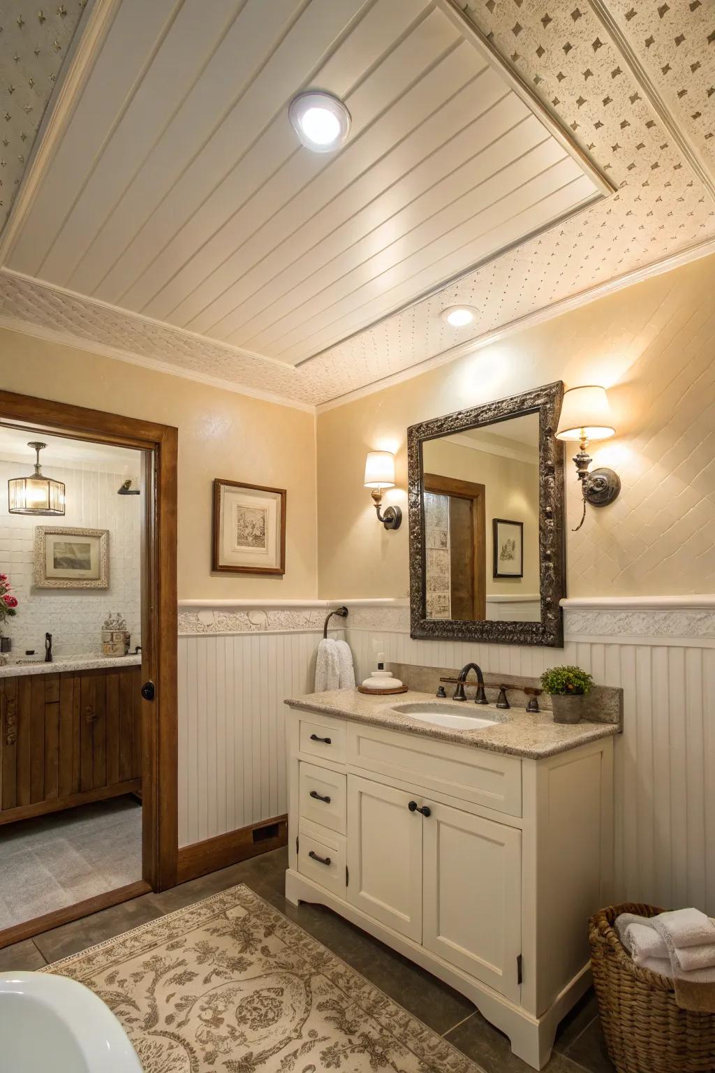 Cottage appeal enhanced with wainscot ceiling boards.