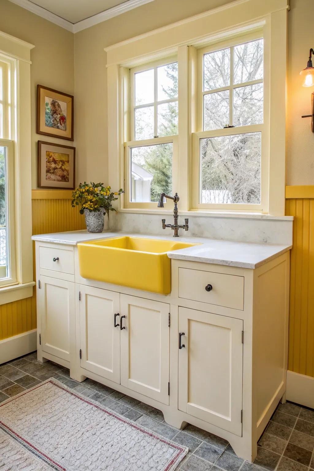 A pop of color inside adds a fun surprise to this water closet table.