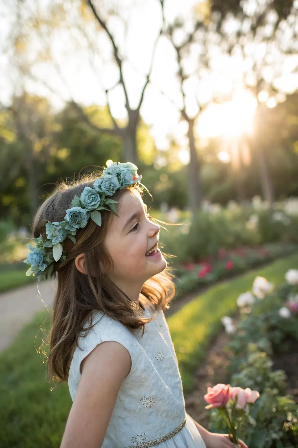 A sweet floral crown in misty blue, ideal for infusing whimsy into the wedding party.