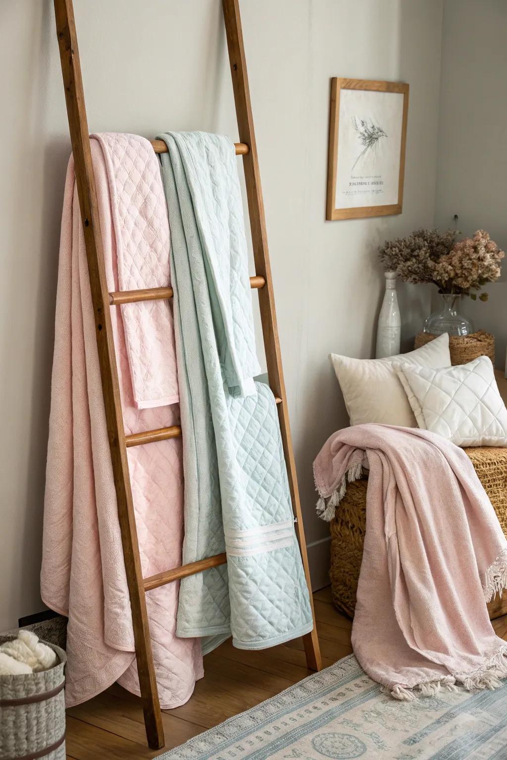 A throw rack provides an elegant display for duvets.