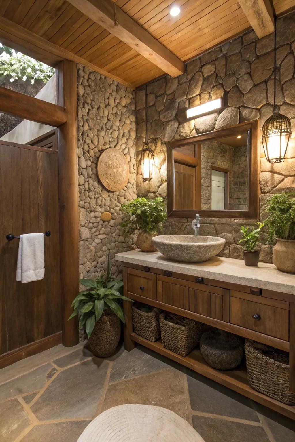 A stone basin provides a distinctive texture and enhances the organic theme.