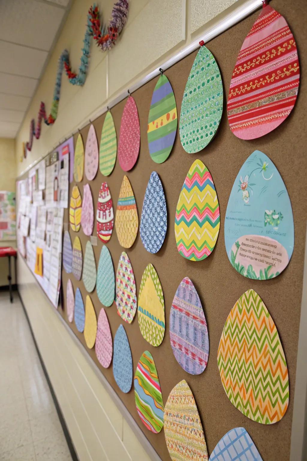 Eggs crafted from patterned paper creating dynamic texture.