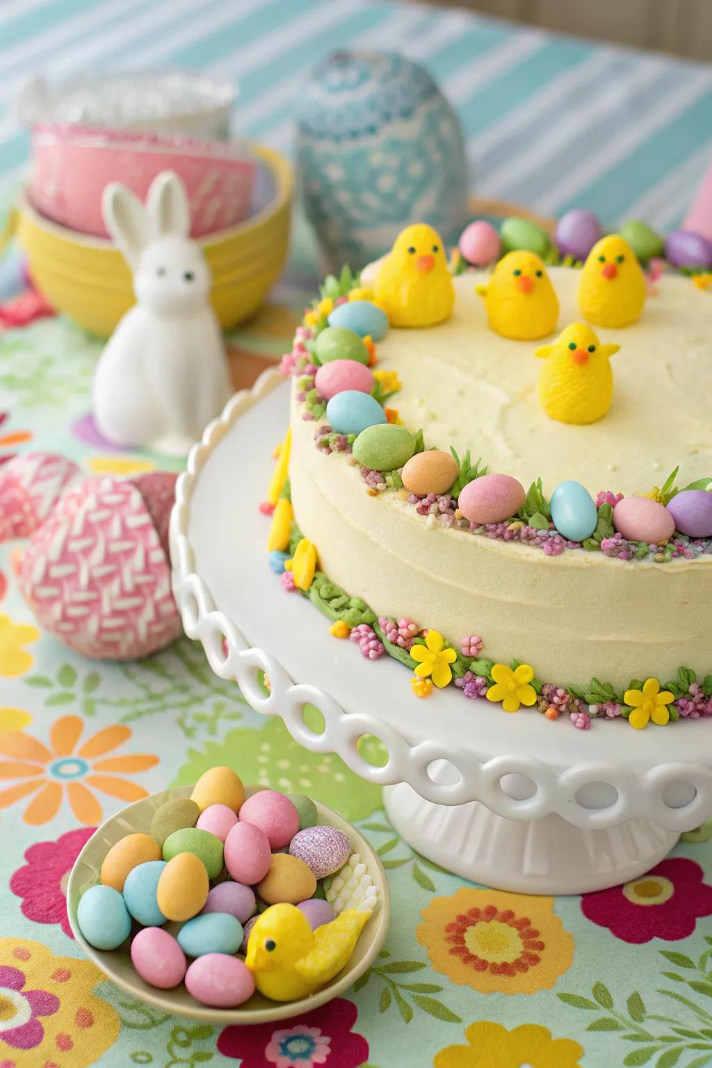 A procession of sugary chicks and bunnies introduces joy to this cake.