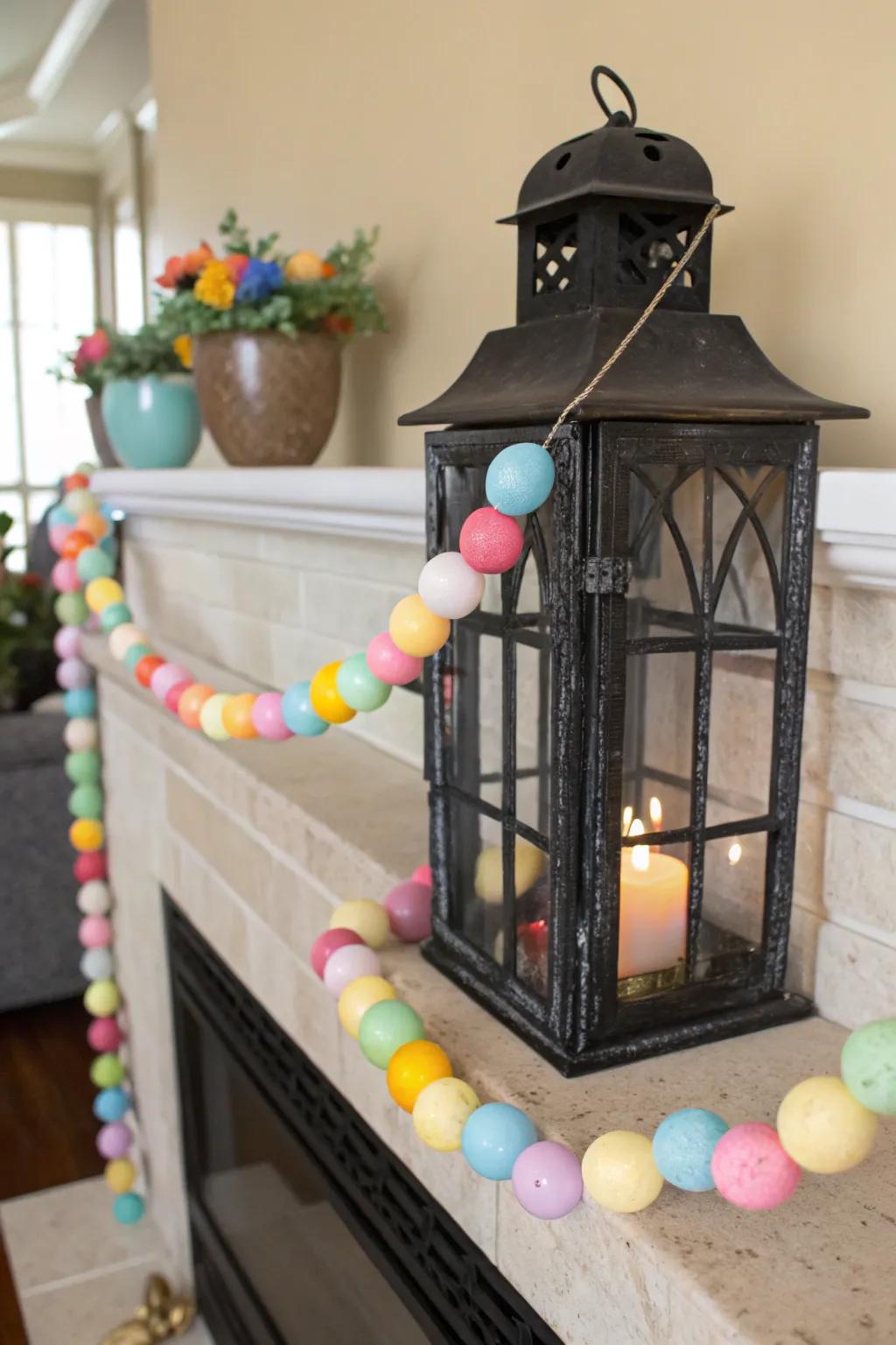 An Easter egg garland imparts festive flair to orbs.