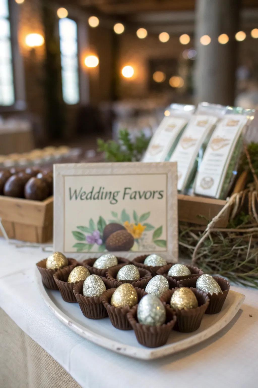 Wedding favors featuring miniature containers of chocolate eggs and plantable seed bundles.