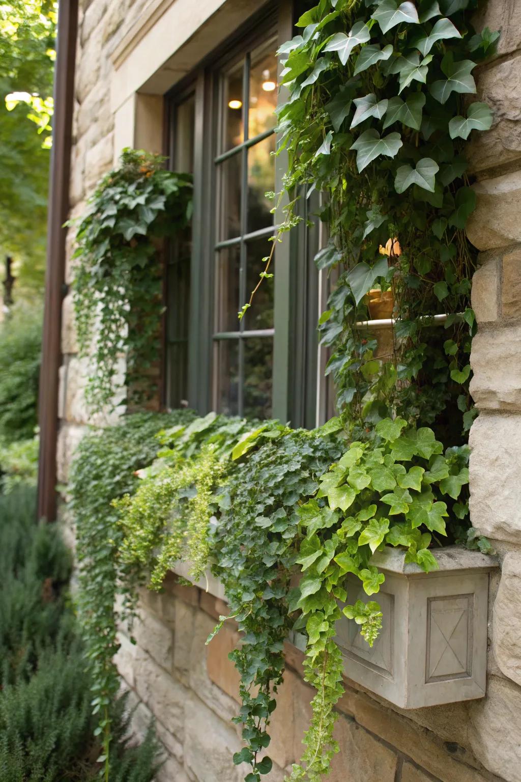 Trailing greens add cascading elegance to window boxes.
