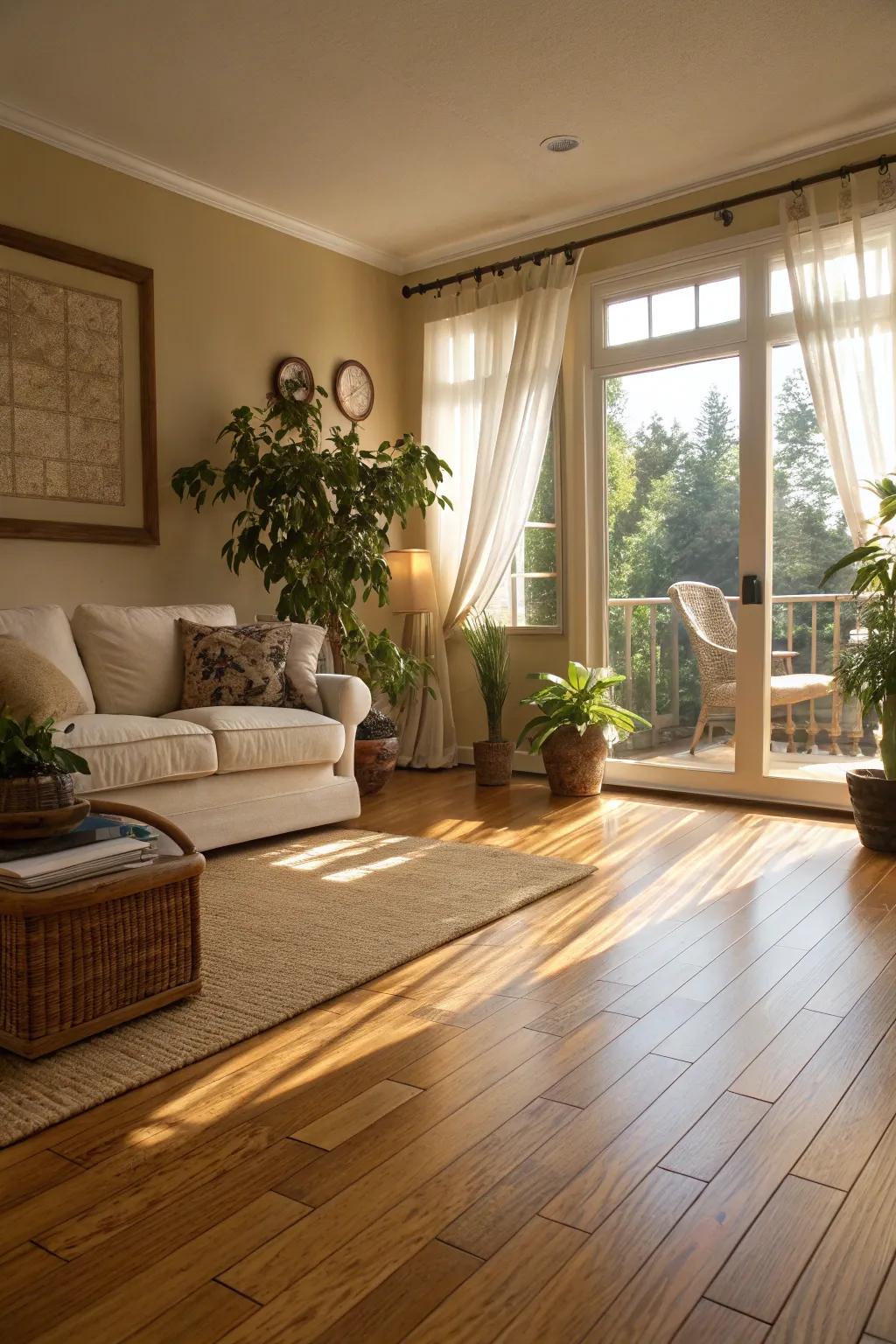 A bright living room featuring stylish bamboo flooring that enhances its eco-friendly charm.