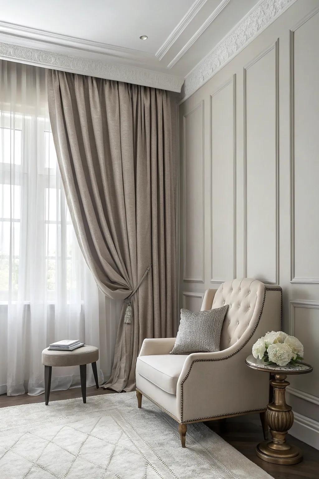 Monochromatic curtains create a seamless, elegant appearance.