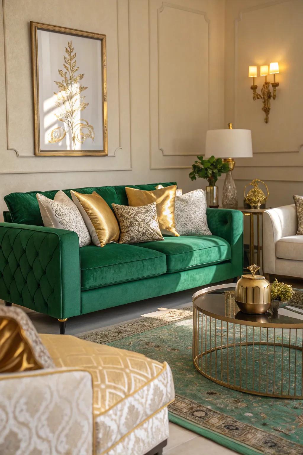Differing pillows contribute aesthetic interest to forest green decorations.