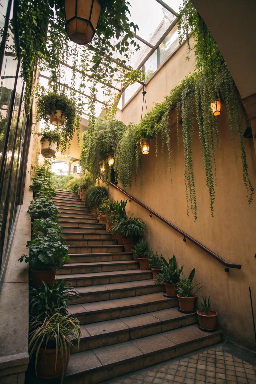Plants bring vibrancy and color to stairwells.