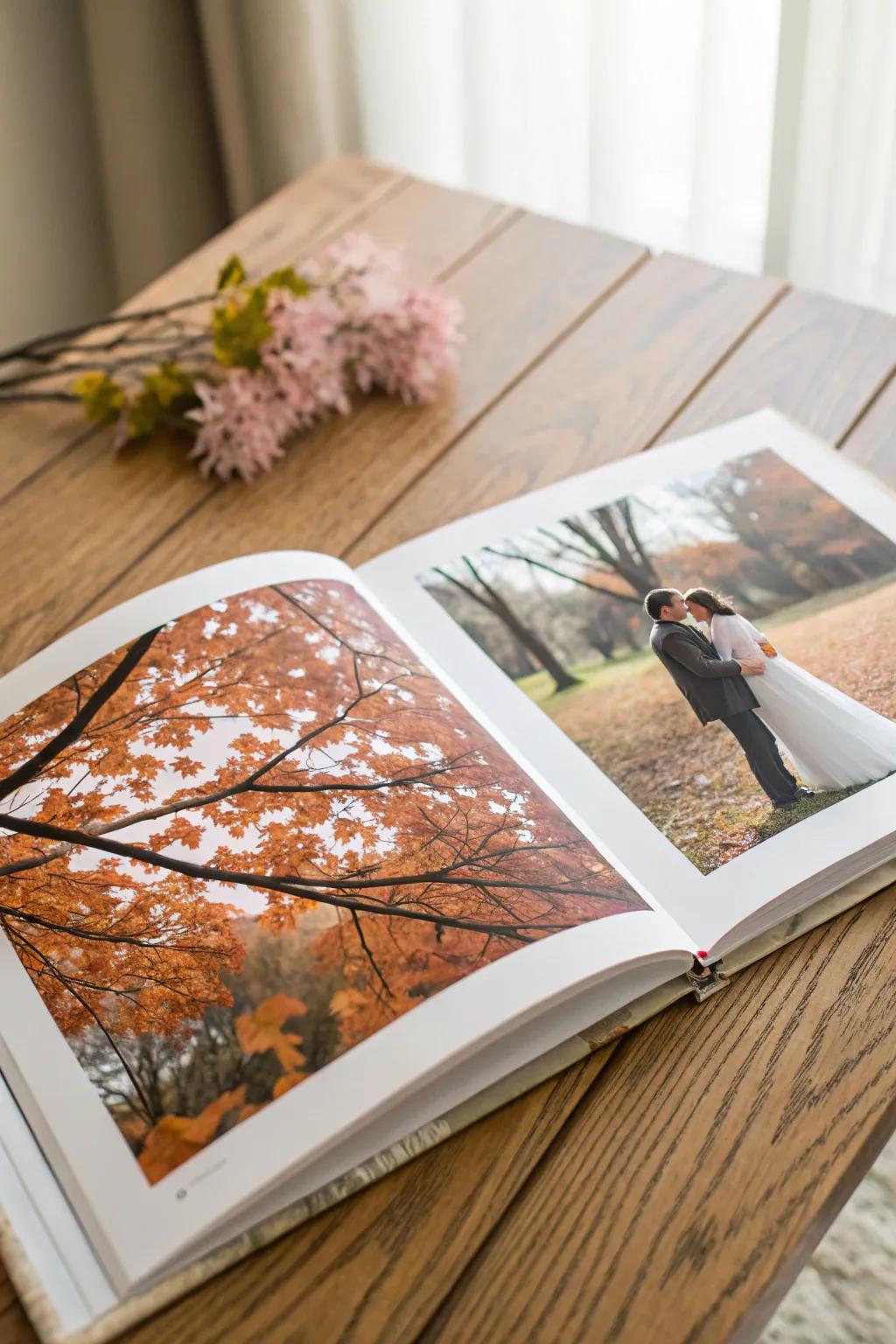 Seasonal motifs contribute variety to an engagement photo book.