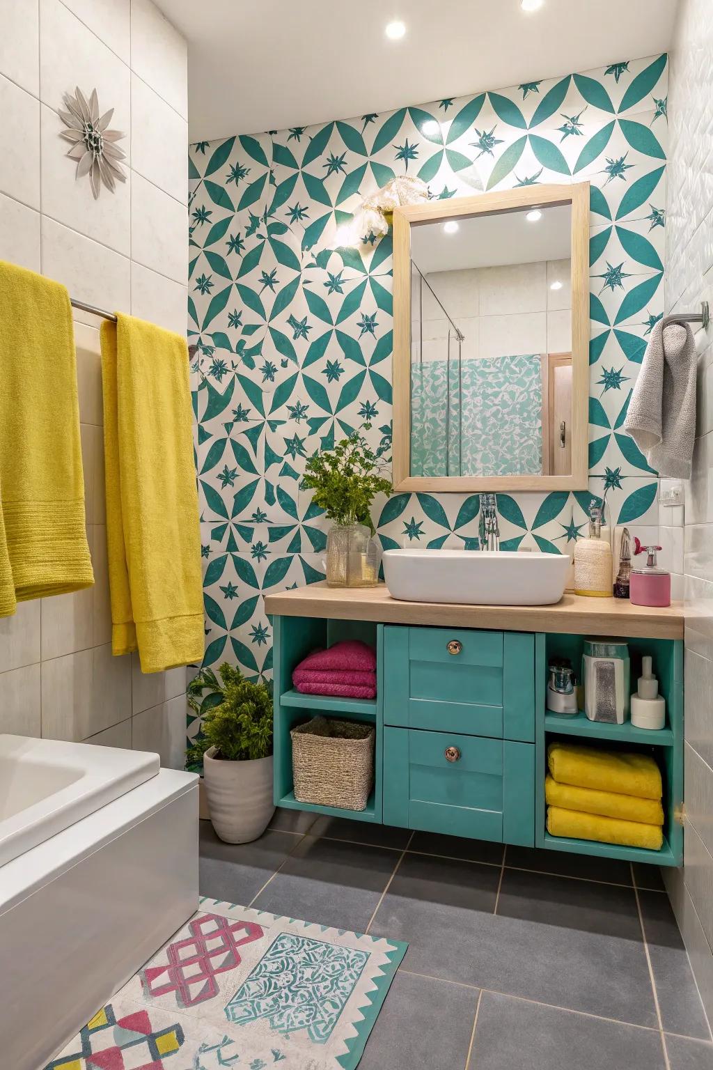 Bold designs and colors add style and fun to the private bathroom.