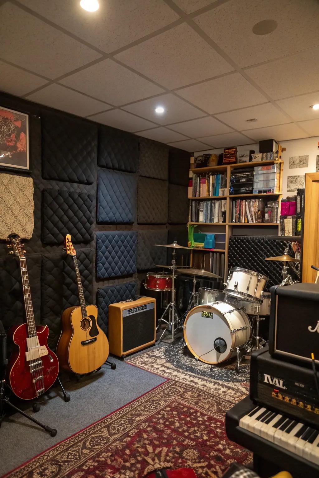Rock out stylishly inside your basement music area.