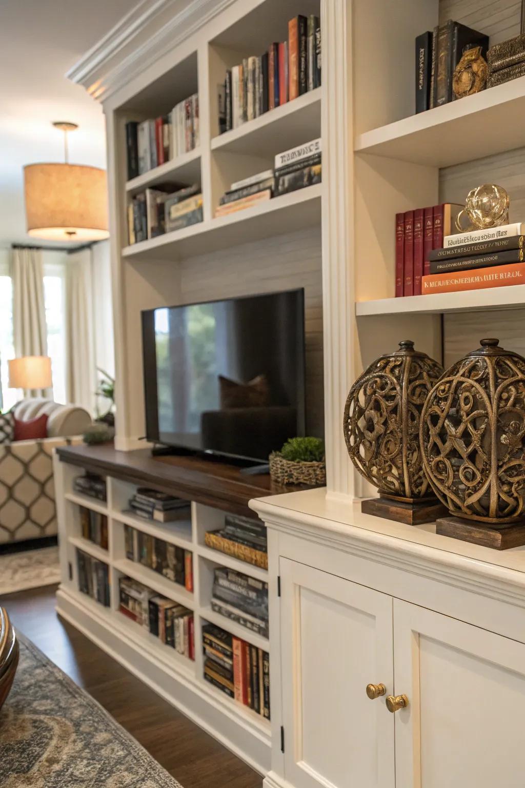 A mini library adds a touch of sophistication to this entertainment center.