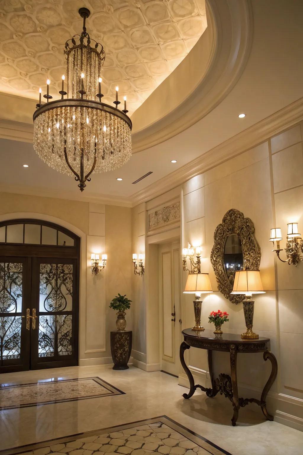Layered lighting adds depth to this elegant entrance.