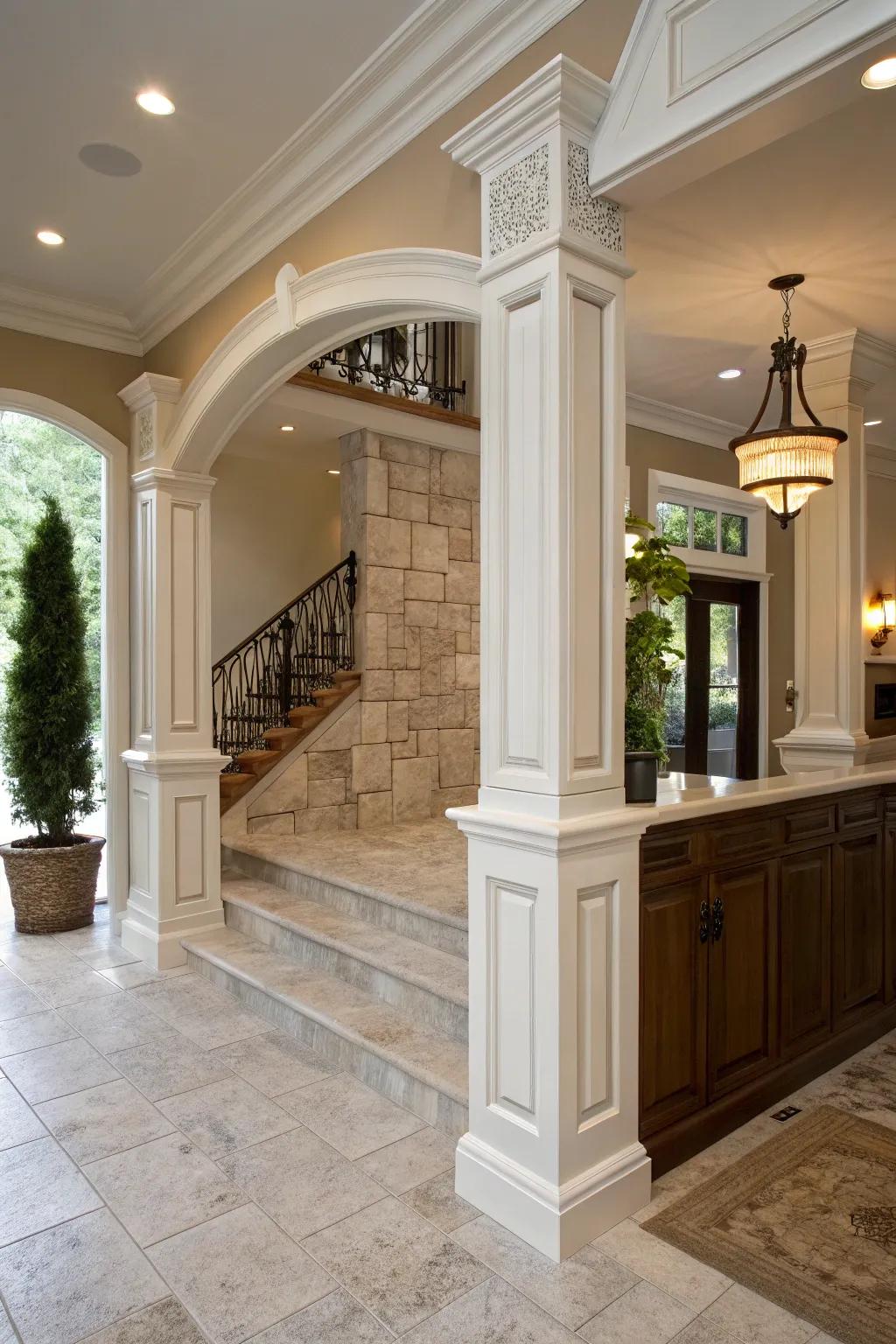 A half wall with an elegant column design in the entryway.