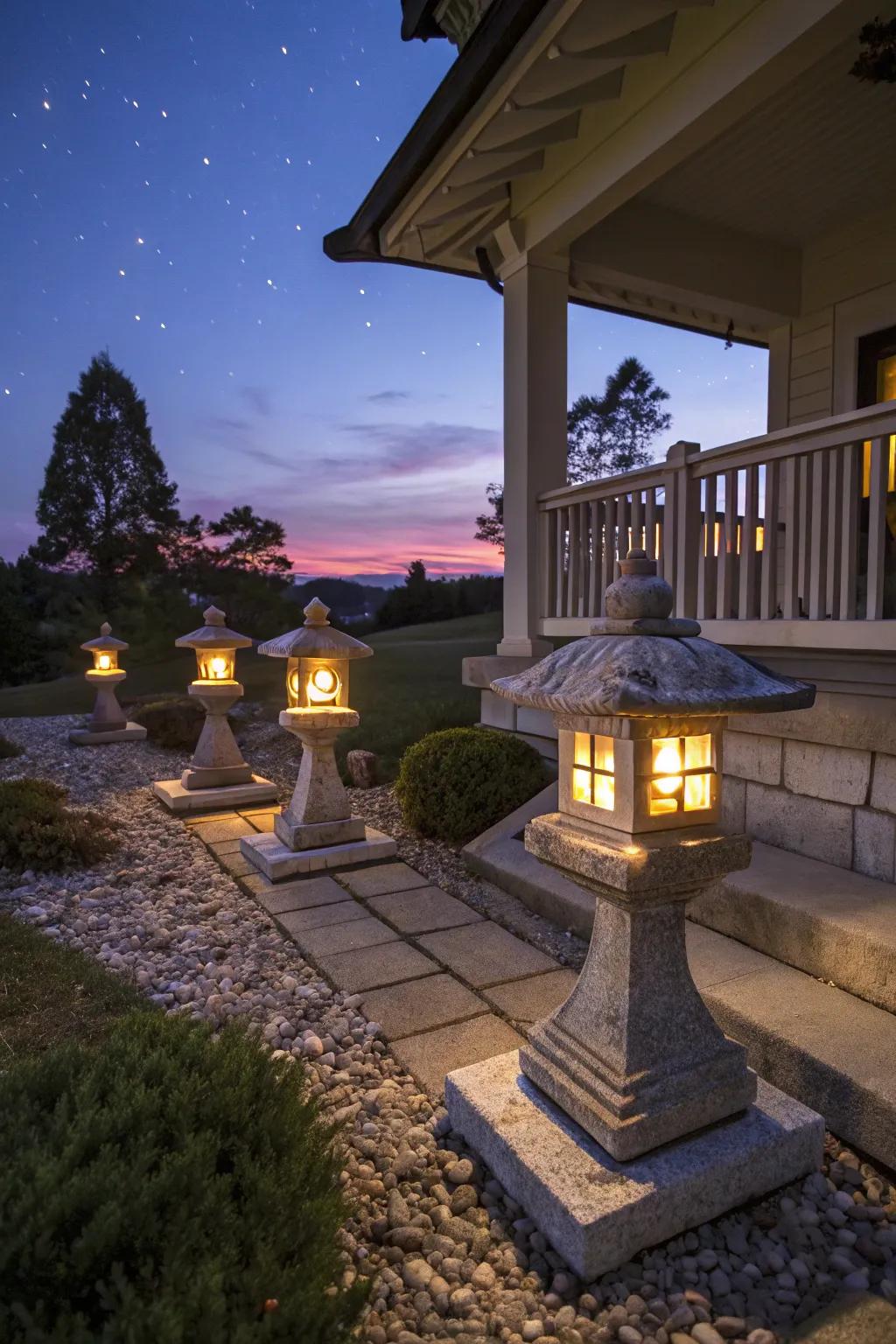 Enchanting stone lights introducing light and charm to the porch.