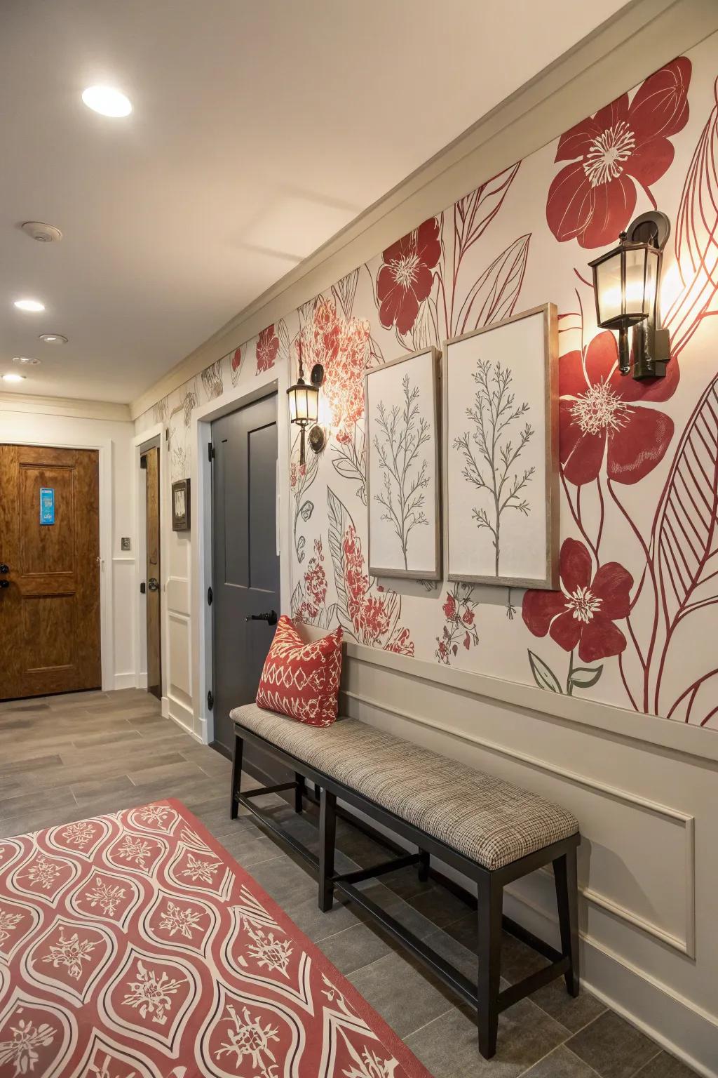An artistic wallpaper backdrop enhances depth and intrigue in the entryway.
