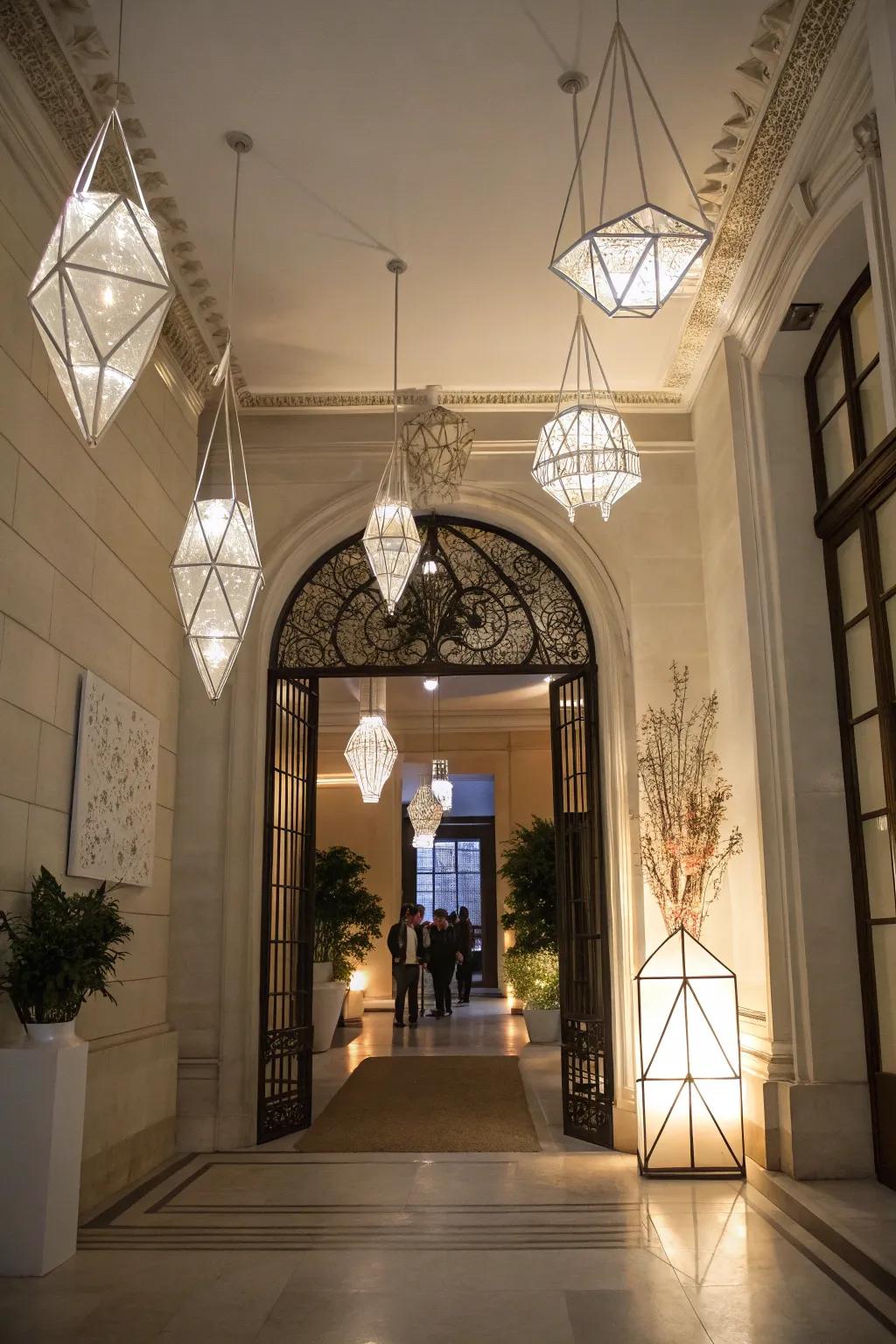An artistic lighting installation composes a striking focal point within this entryway.