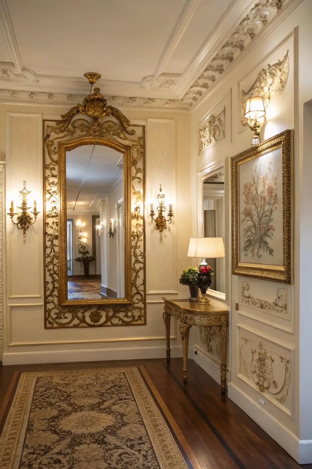 A gold-trimmed mirror brings timeless elegance to the entryway.