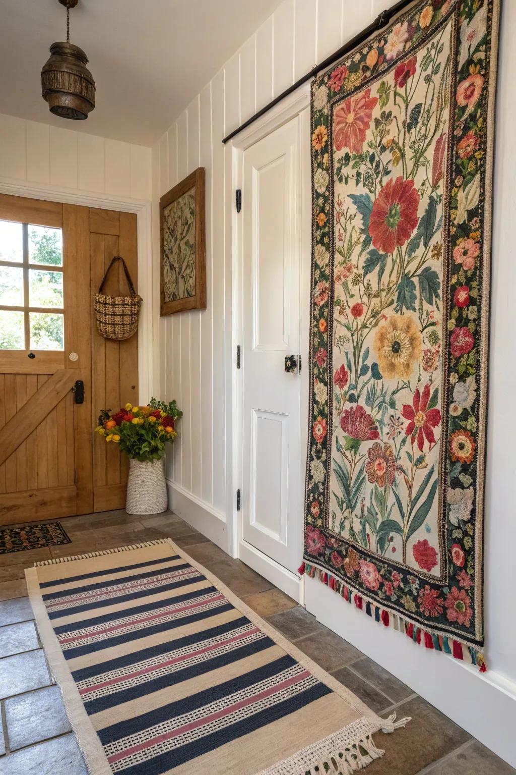 Pattern and texture fusion creates a dynamic entryway design.
