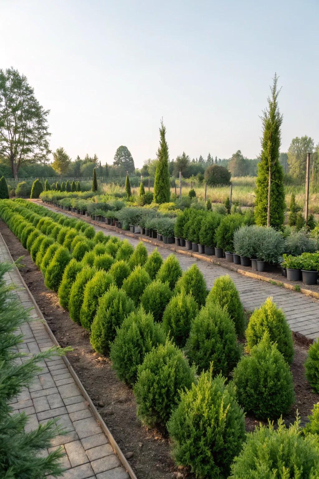 A garden showing rhythmic planting of evergreen forms.