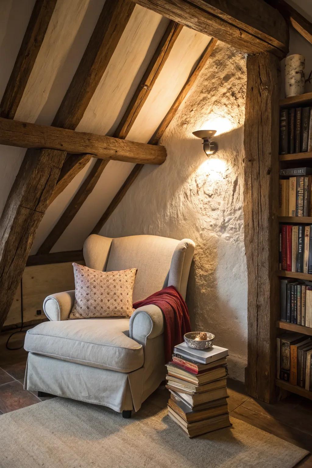 Exposed rafters frame a comfortable corner.