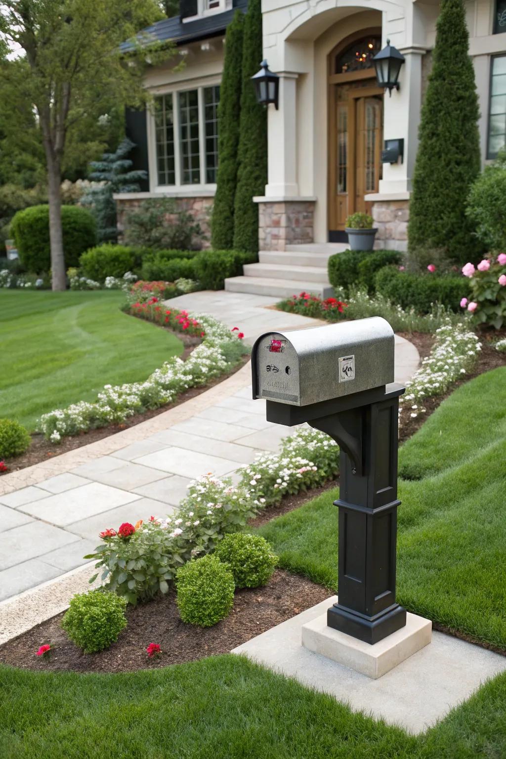 A unique, stylish mailbox in a beautifully landscaped yard.