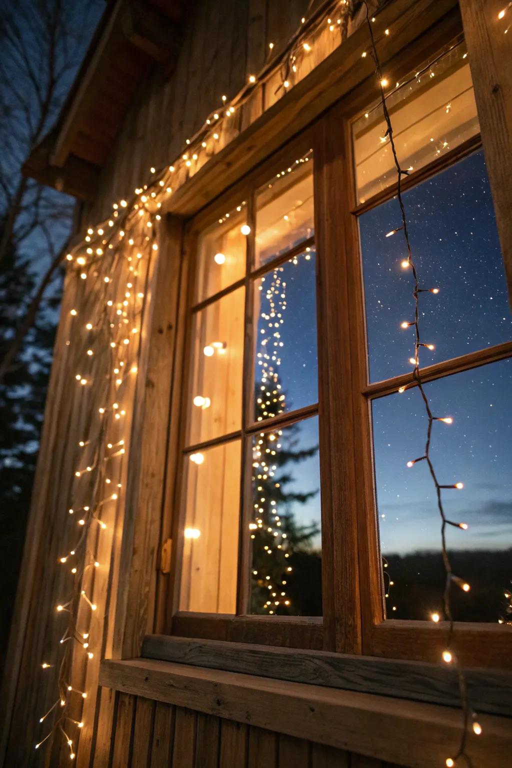 Window adorned with twinkling lights