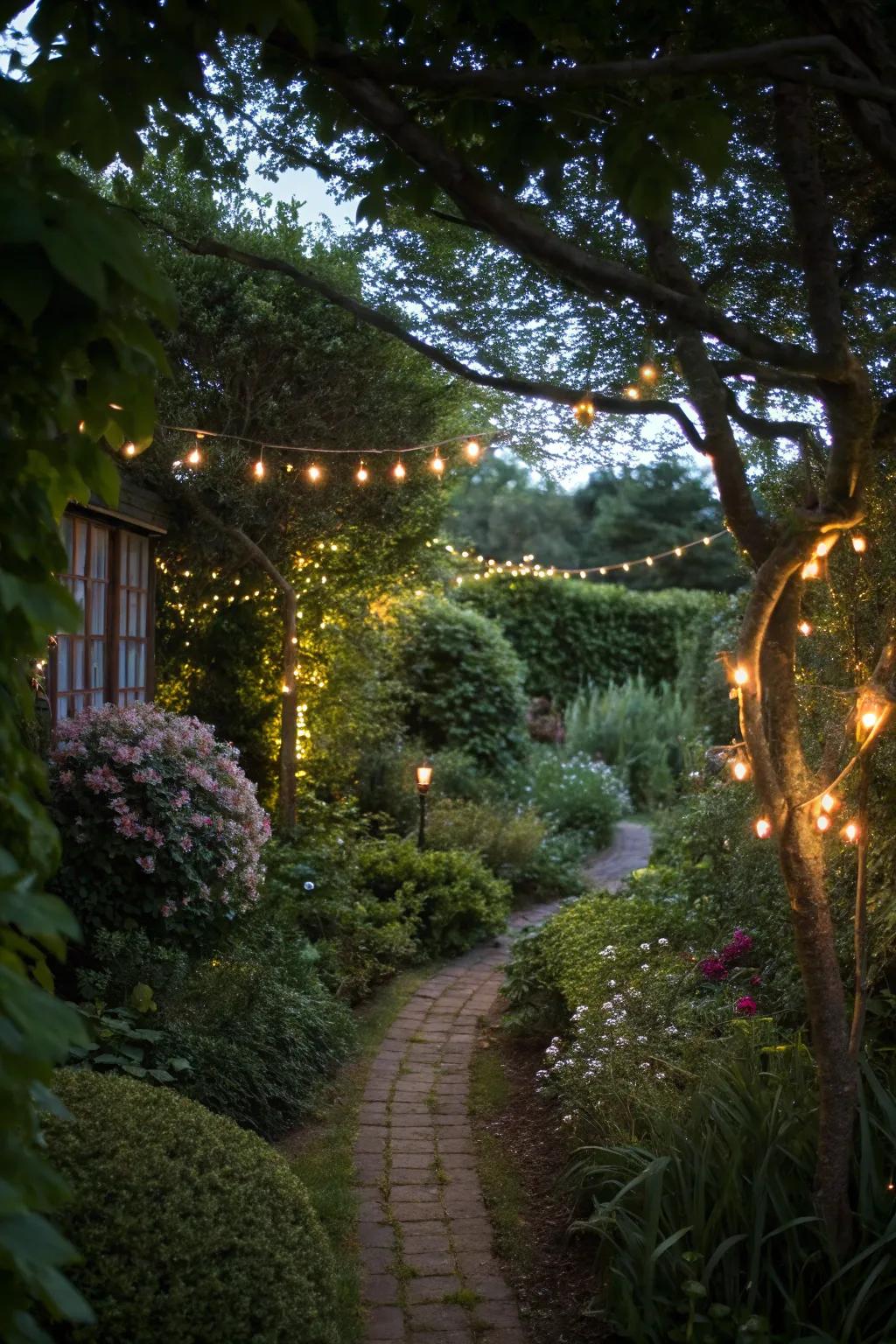 Twinkle lights in shrubs evoke a secret garden atmosphere.