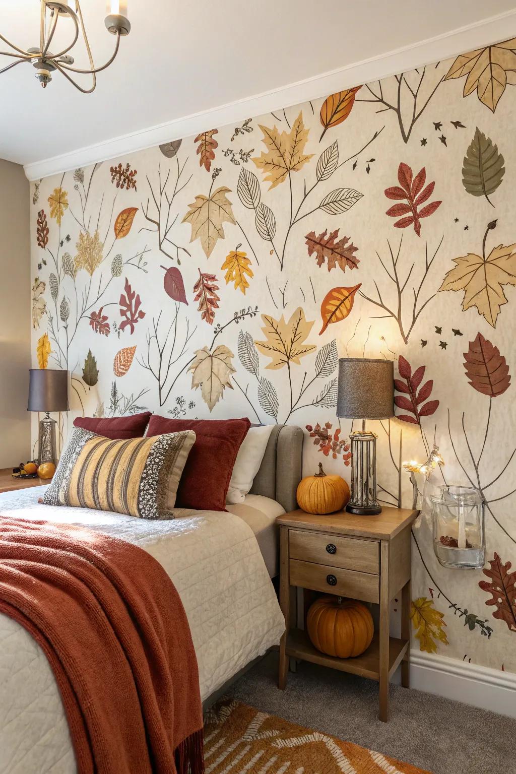 An accent wall contributes a striking statement to your autumnal bedroom.