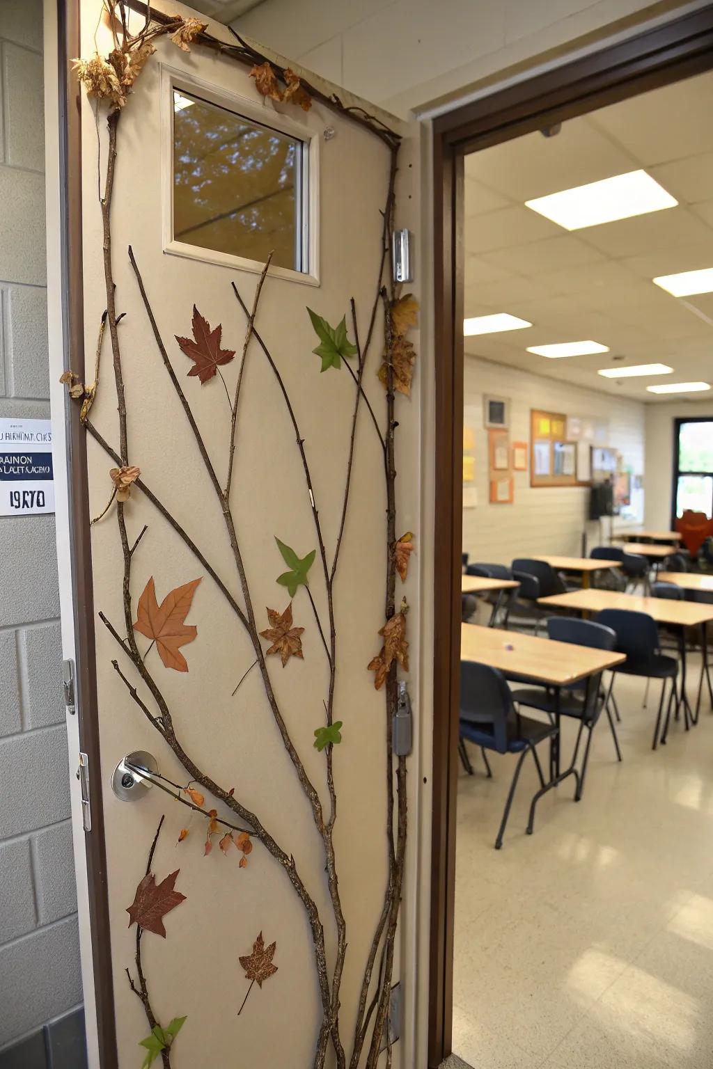 Nature-inspired entrance decor featuring branches and leaves.
