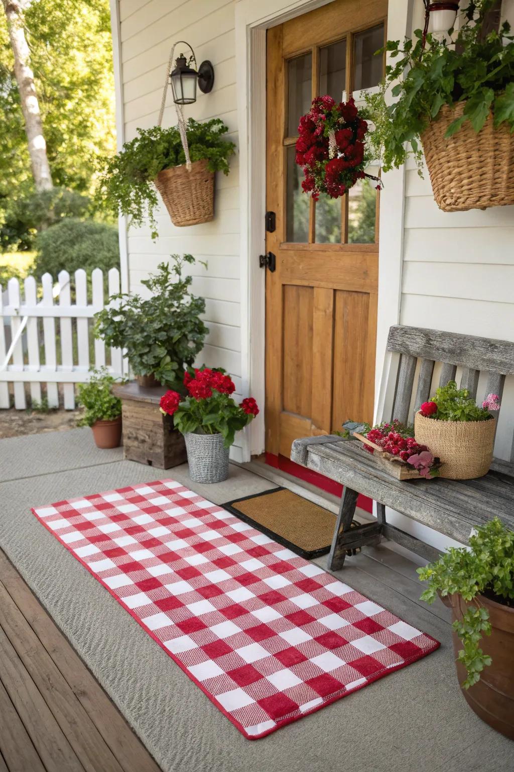 A nostalgic gingham doormat enhancing country charm.