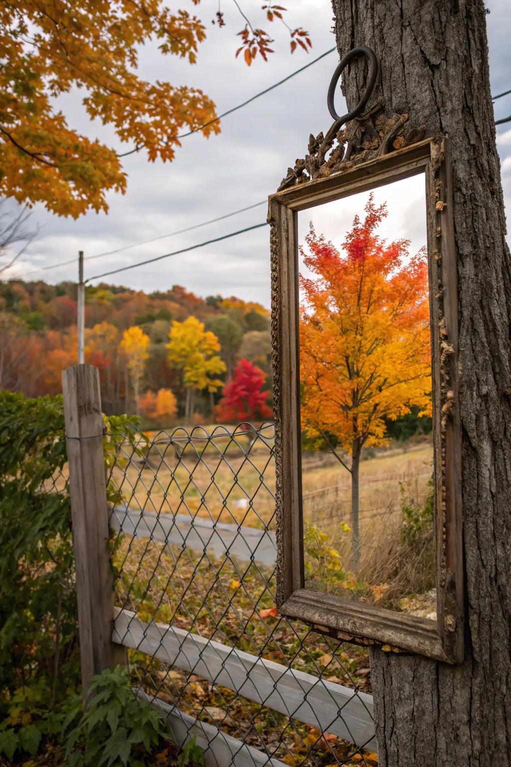 A vintage mirror reflects the vibrant colors of fall on the fence.