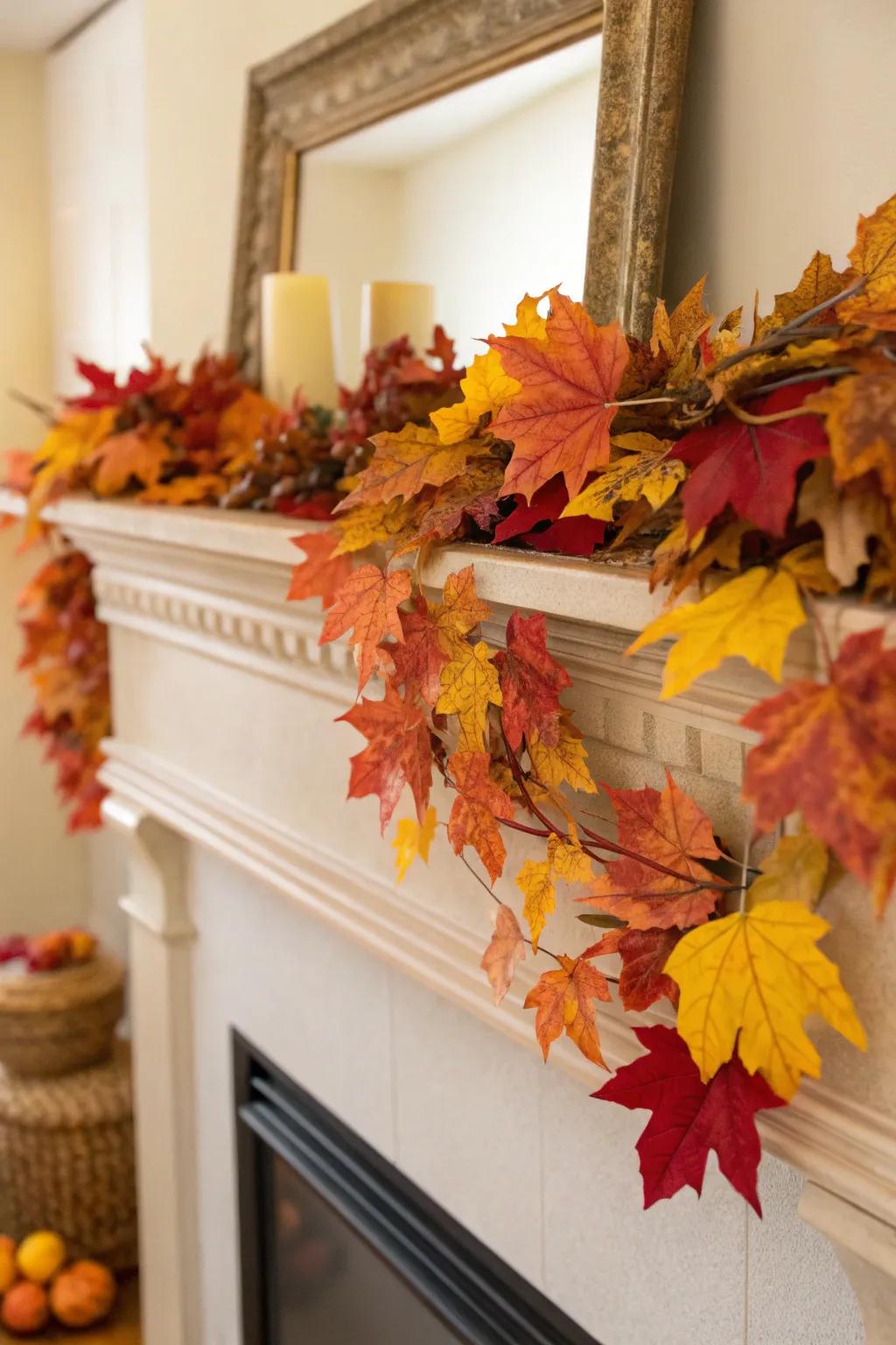 A fall mantel adorned with vibrant foliage.