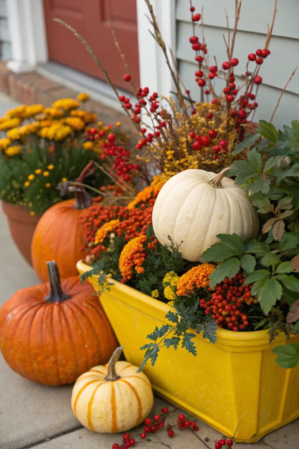 Seasonal berries give a burst when contrasting gourd displays.