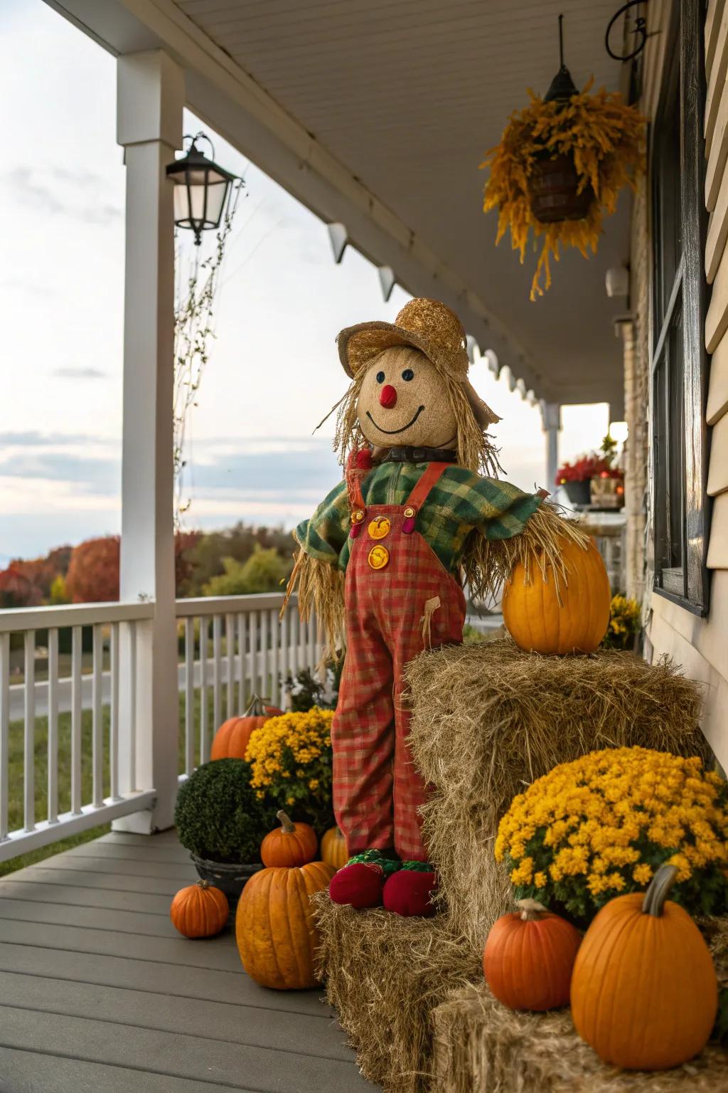 A cheerful effigy conveys a whimsical accent to the autumn entryway.
