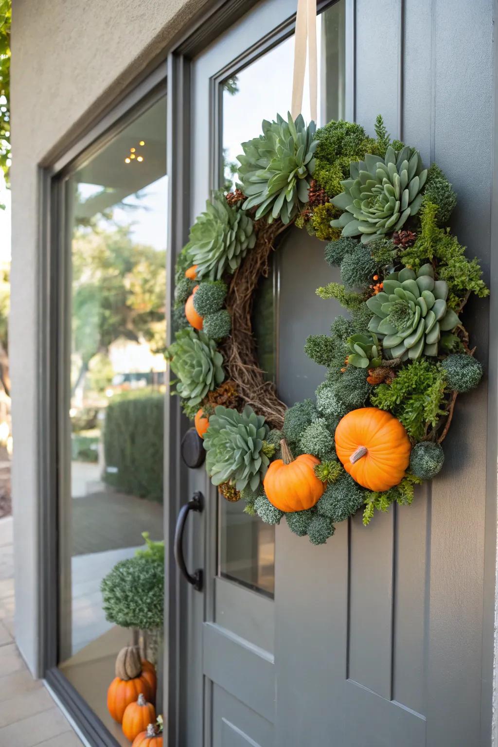 Fat plants and squashes fashion a contemporary and invigorating autumnal wreath.