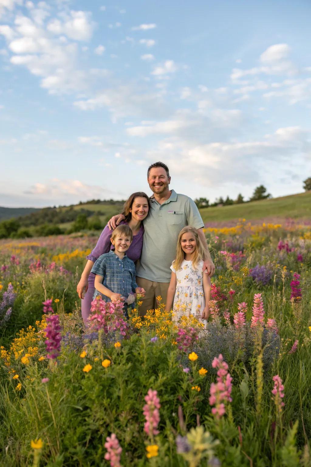 Encompassed by nature's beauty, a family is seen in a sea of colorful flowers.