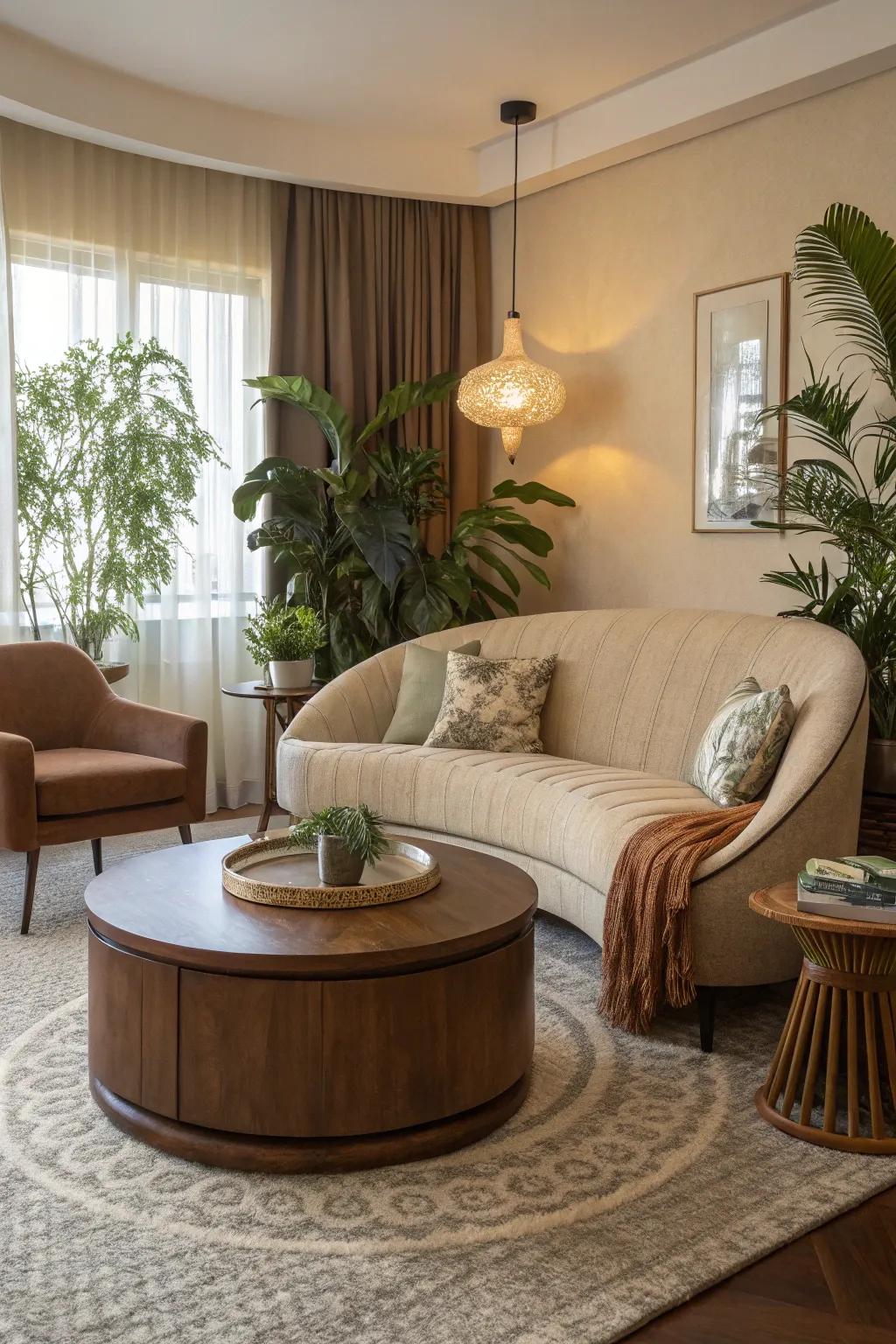 A family room softened by curved shapes.
