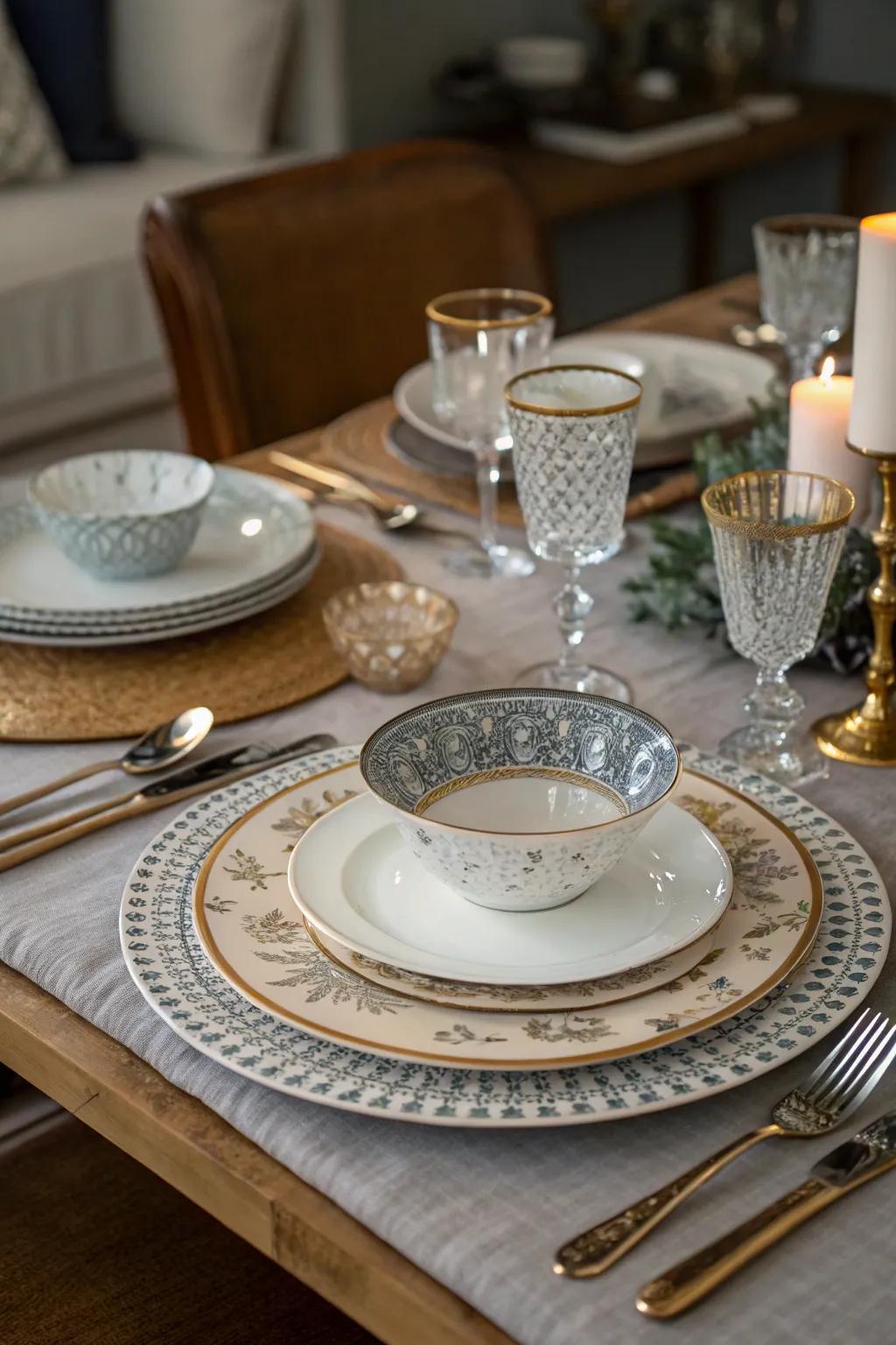 Blending and matching layouts fashions a charming, eclectic dinner setting.